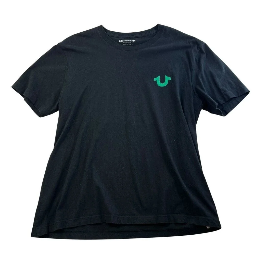 True Religion XL T-Shirt Buddha‎ Logo Graphic Seal Short Sleeve Tee Cotton Black